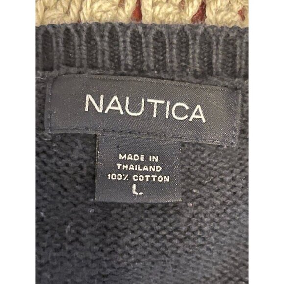 Nautica Mens Argyle Sweater L Black Blue Gray 100% Cotton Classic Knit Long Slee - Picture 2 of 14